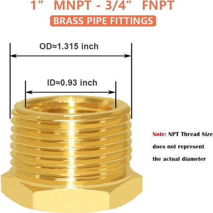 2PCS 1 Inch NPT Male to 3/4 Inch NPT Female Brass Reducer Hex Bushing Adapter