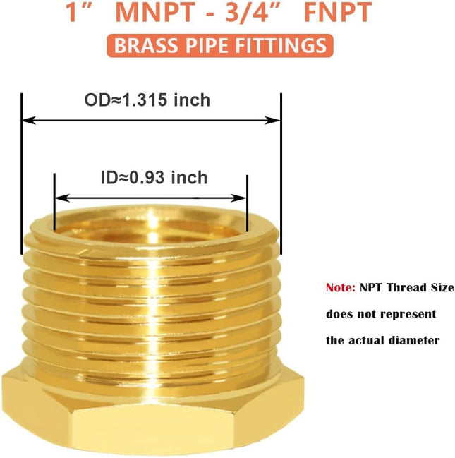 2PCS 1 Inch NPT Male to 3/4 Inch NPT Female Brass Reducer Hex Bushing Adapter