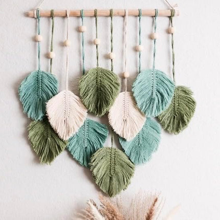 Macrame Wall Hanging Leaves, Large Boho Feather Tapestry, Green Sage Beige Decor