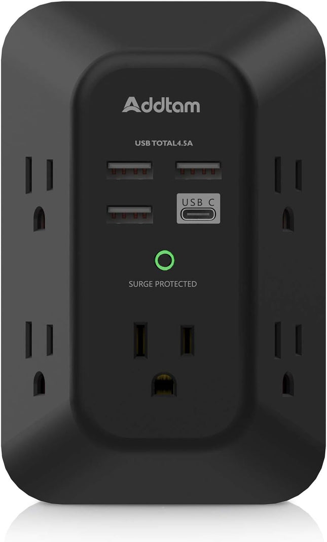USB Wall Charger Surge Protector – 5 Outlet Extender, 4 USB Ports, 1800J Power