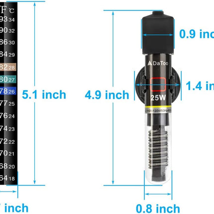 DaToo Mini Aquarium Heater 25W for 1-5 Gallon Fish Tanks with Free Thermometer Sticker