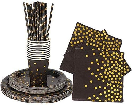 142pcs Black & Gold Party Set – Polka Dot Plates, Cups, Napkins & Tableware