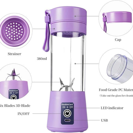 Portable USB Blender 380ml Mini Juicer Cup 6 Blades Rechargeable Smoothie Maker Purple