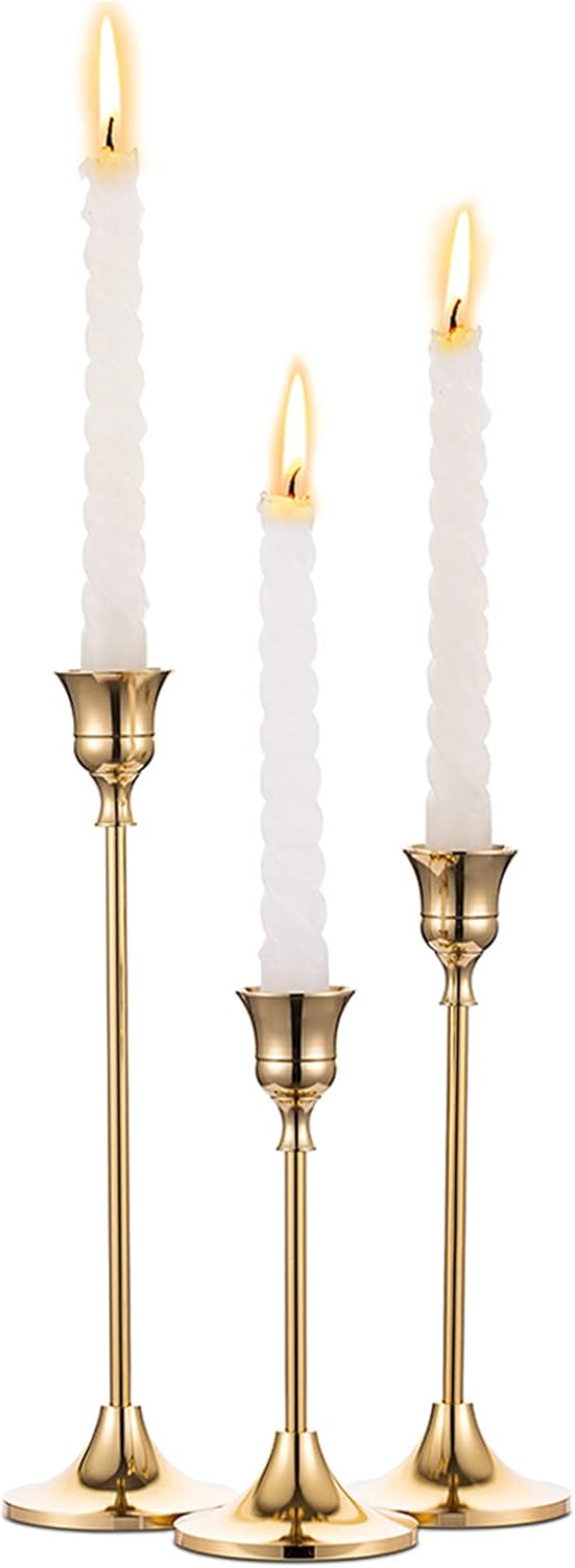 Candlestick Holders Set of 3 – Brass Gold Taper Candle Holders for Wedding & Table Decor