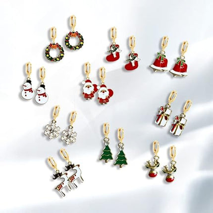 10 Pairs Christmas Hoop Huggie Earrings – Christmas Tree, Bells & Stud Earrings for Women