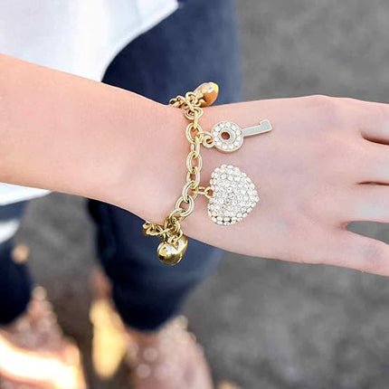 Gold Chain Link Bracelet 14K Plated Love Lock Key Heart Charm Women