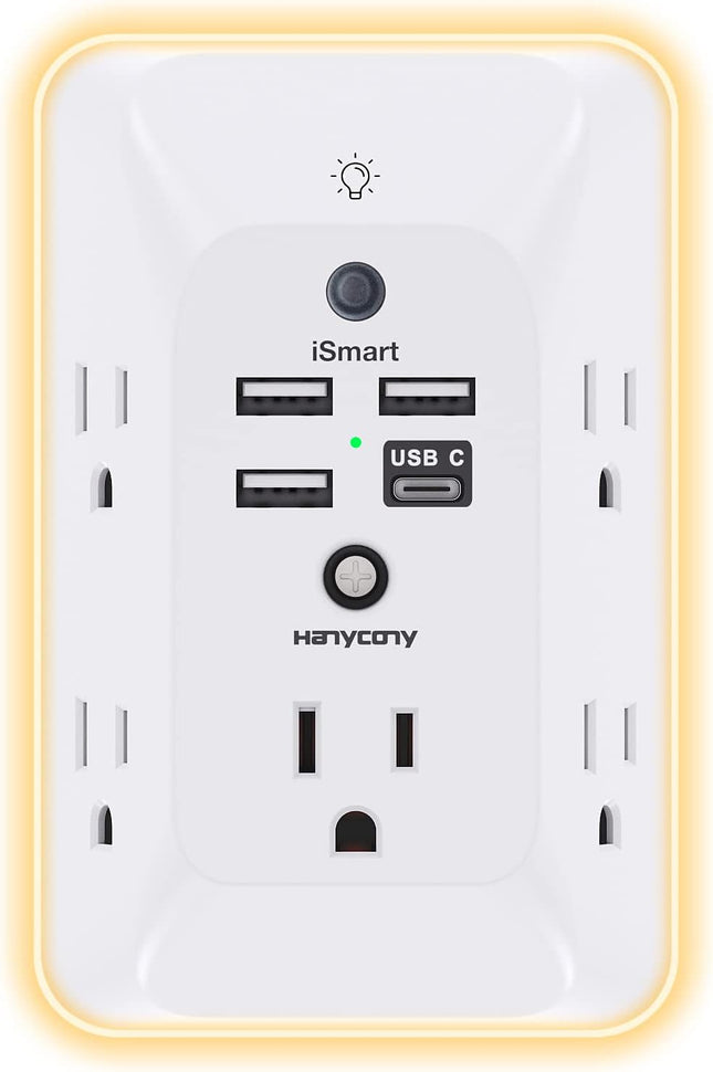 Outlet Extender HANYCONY Power Strip with 4 USB Ports, USB C & Night Light