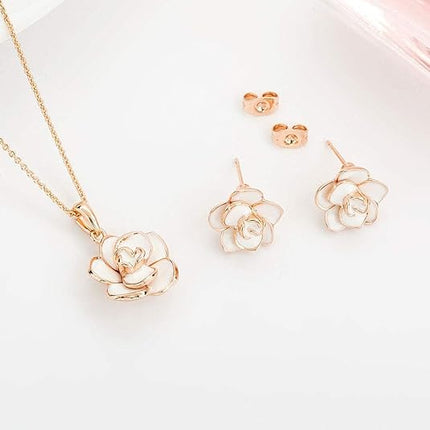 Rose Flower Necklace & Earrings Set for Women – 18K Gold Plated, Hypoallergenic Jewelry