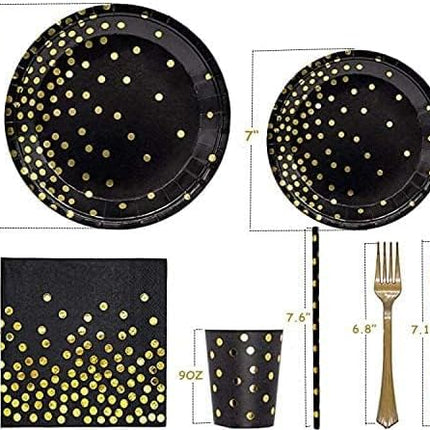 142pcs Black & Gold Party Set – Polka Dot Plates, Cups, Napkins & Tableware