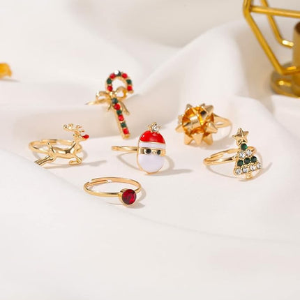 6PCS Christmas Statement Ring Set | Tree, Santa & Reindeer Holiday Jewelry