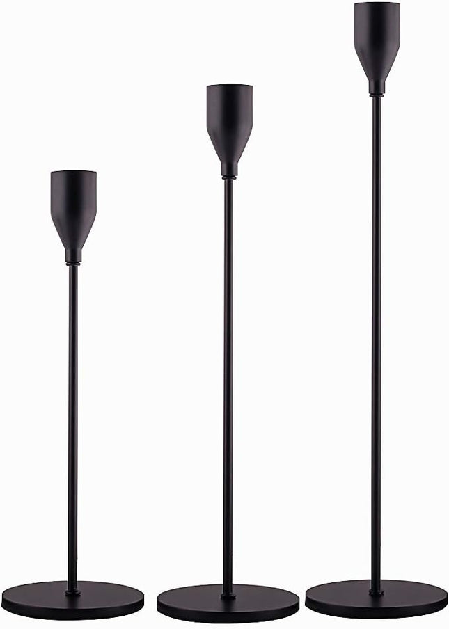 Matte Black Candle Holders Set of 3 – Taper & LED Candles, Metal Stand
