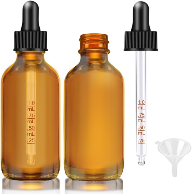 2-Pack 2 oz Dropper Bottles – Amber Glass with Labels, Funnel, for Essential Oils