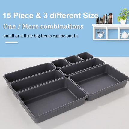 15 Pack Interlocking Drawer Organizers, Black Trays for Home & Office