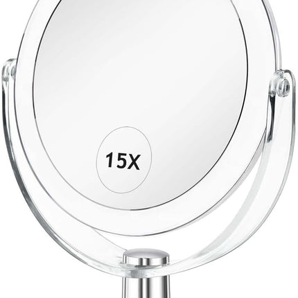6.25" Vanity Makeup Mirror, Double-Sided 1X/15X Magnifying, 360° Swivel Stand Mirror