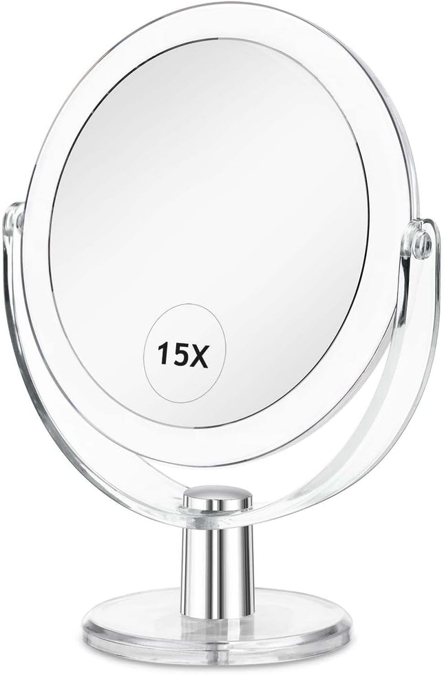 6.25" Vanity Makeup Mirror, Double-Sided 1X/15X Magnifying, 360° Swivel Stand Mirror