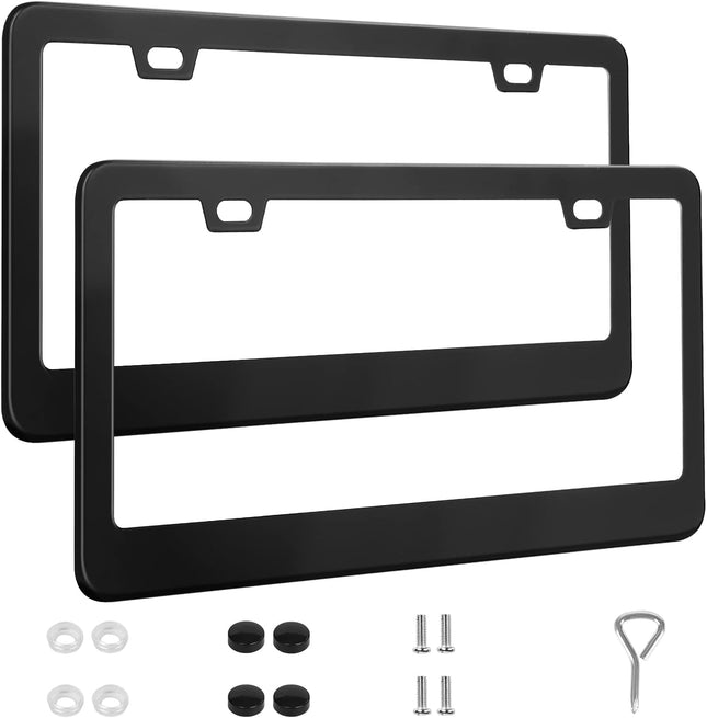2 Pack Stainless Steel License Plate Frames Black Car Tag Holder with Screw Caps