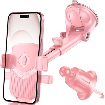 360° Car Phone Holder Pink, Adjustable Suction Cup & Vent Mount, Universal Fit
