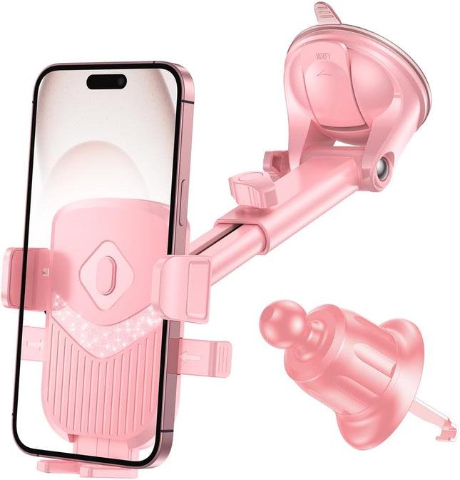 360° Car Phone Holder Pink, Adjustable Suction Cup & Vent Mount, Universal Fit