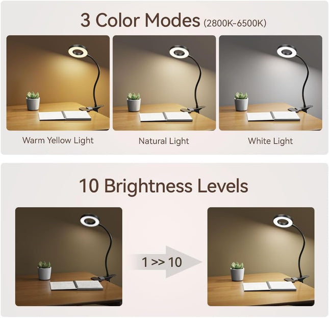 LED Desk Lamp Clip-On – 3 Color Modes, 10 Brightness Levels, 360° Adjustable