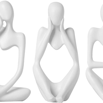 3-Piece White Thinker Statues, Abstract Resin Sculptures, Modern Home Office Shelf Decor