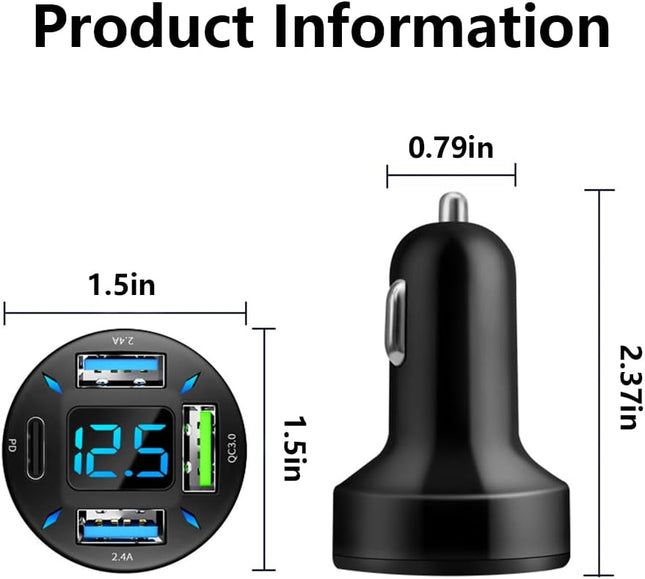 4 Port USB Car Charger with Voltmeter, PD & QC Fast Charging Adapter