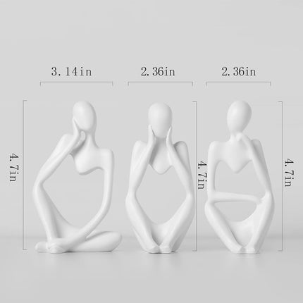 3-Piece White Thinker Statues, Abstract Resin Sculptures, Modern Home Office Shelf Decor