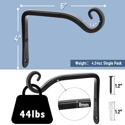 2 Pack 6" Plant Hooks, Steel Wall Mounted Hangers, 44lb Capacity, Black