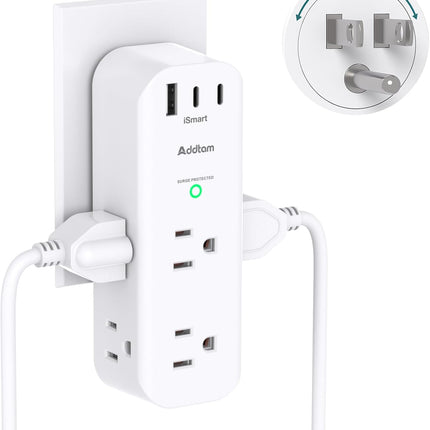 Rotating 6-Outlet Wall Surge Protector, 3 USB Ports (2 USB-C), 1800J