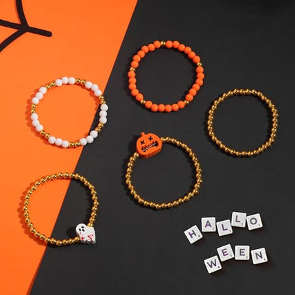 10-Piece Halloween Bracelets Set, Heishi Beaded Boo Skull Charm Stackable Jewelry