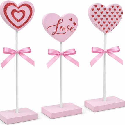 3 Pcs Valentine’s Day Tiered Tray Decor Set: Pink Wooden Heart Signs for Home
