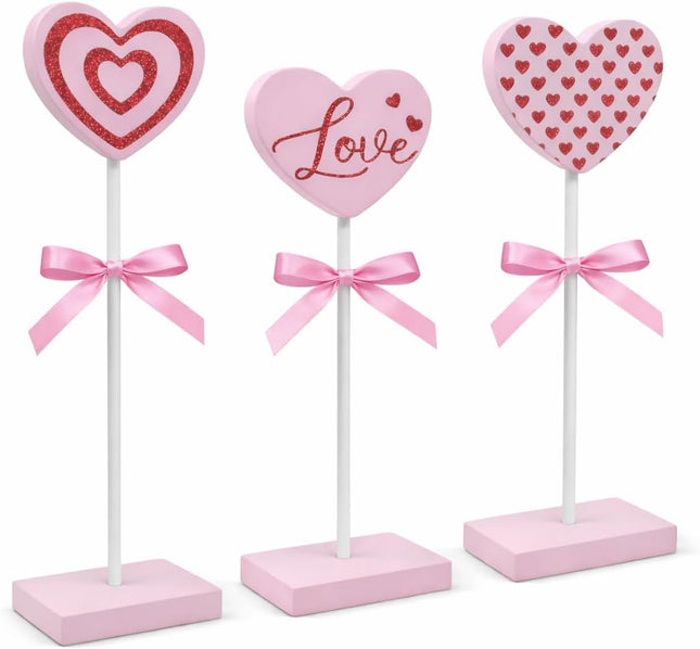 3 Pcs Valentine’s Day Tiered Tray Decor Set: Pink Wooden Heart Signs for Home