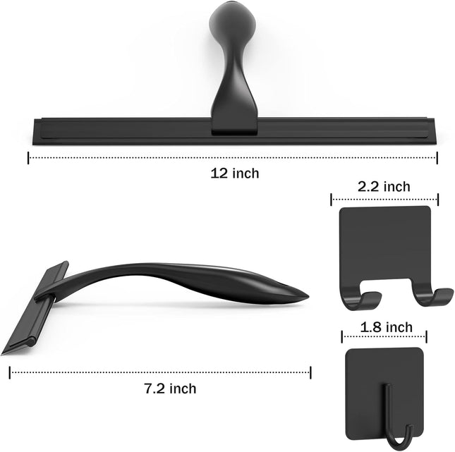12in Black Shower Squeegee Stainless Steel Window Glass Cleaner w/ 2 Hooks