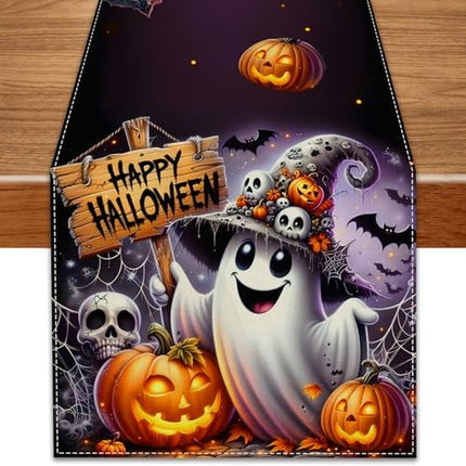 Halloween Ghost Pumpkin Table Runner 13x72in, Polyester Dining Table Decor