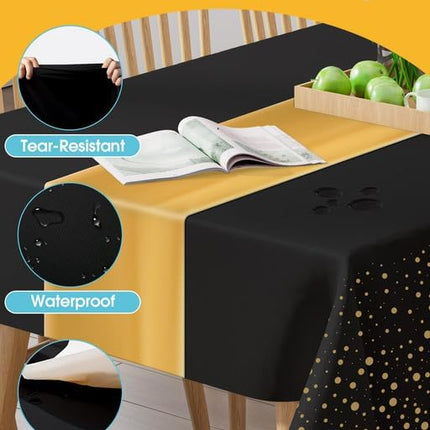 Party Tablecloth Set – 3 Table Covers + 3 Runners, Black & Gold Disposable
