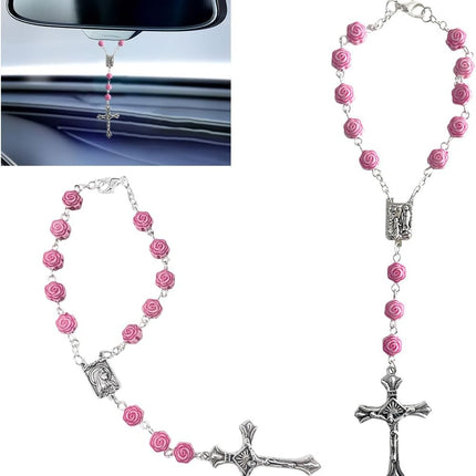 2PCS Car Rosary Rearview Mirror Pendant, Pink Rose Cross Medal Hanging Decor