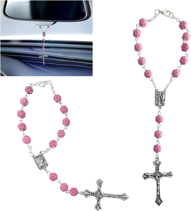 2PCS Car Rosary Rearview Mirror Pendant, Pink Rose Cross Medal Hanging Decor