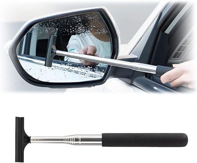 38.6" Telescopic Car Side Mirror Squeegee, Rubber Edge, Water & Fog Cleaner, Black