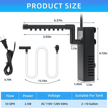 2.5W Submersible Aquarium Filter 53 GPH for 2-10 Gallon Fish Tanks, 3-in-1 Pump