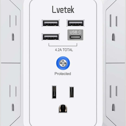 5-Outlet Wall Extender with 4 USB (1 USB-C), 1680J Surge Protector, White