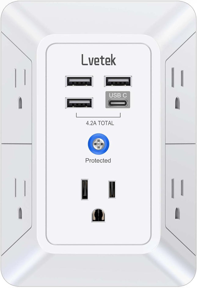 5-Outlet Wall Extender with 4 USB (1 USB-C), 1680J Surge Protector, White