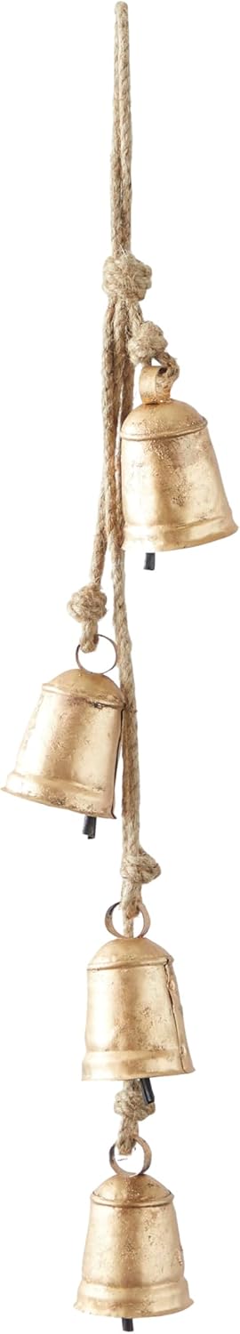 4 Metal Tibetan Cow Bells – Handmade Gold Bells on 29" Jute Hanging Rope