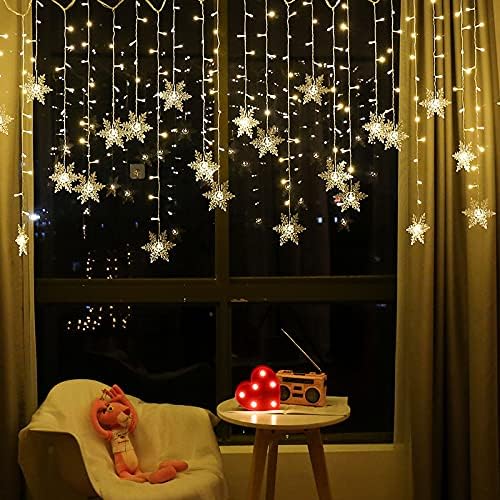 96 LED Snowflake Curtain Lights, 13ft Plug-In, 8 Modes, Warm White for Xmas/Home