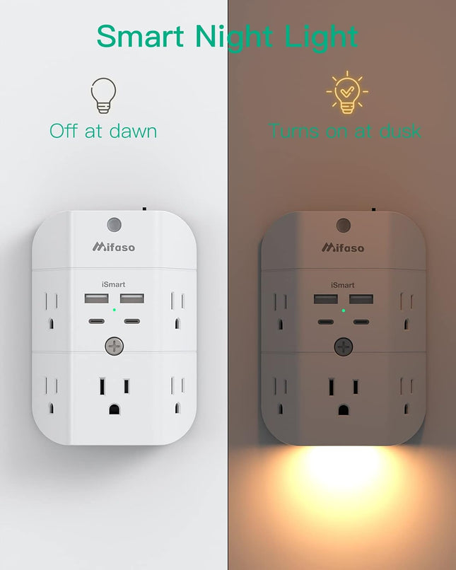 5-Outlet Wall Surge Protector with 4 USB Ports (2 USB-C) & Night Light