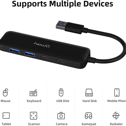 4-Port USB Hub Dual USB-C USB-A 3.0 Splitter Adapter for Laptop Desktop PC