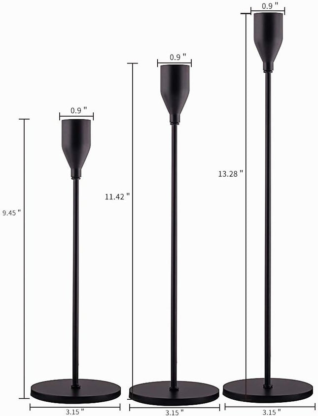 Matte Black Candle Holders Set of 3 – Taper & LED Candles, Metal Stand
