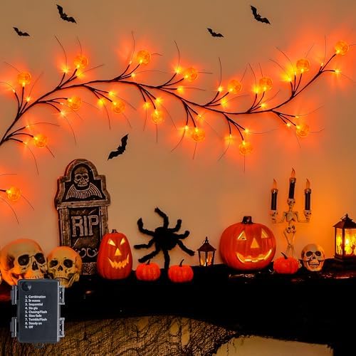 Halloween Pumpkin Orange Garland – JMEXSUSS 6FT Battery Willow Lights, 8 Modes