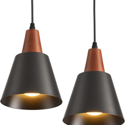 2 Pack Black and Wood Pendant Lights E26 Industrial Dome Hanging Ceiling Fixtures