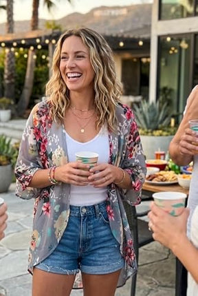 Women's Floral Print Puff Sleeve Kimono Cardigan Loose Casual Cover Up Blouse Top 2026