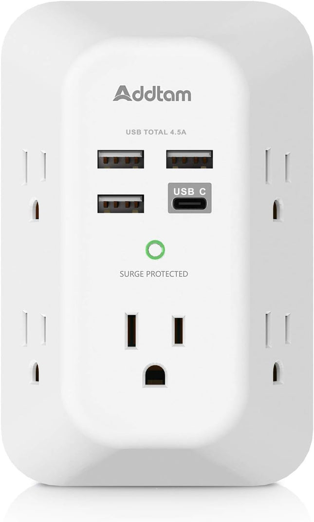 3. Addtam Multi-Plug Wall Adapter, 5-Outlet Extender with USB/USB-C and 1800J Surge