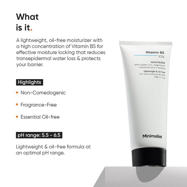 Panthenol Vitamin B5 10% Face Moisturizer 1.7oz, Hydrating Cream for Oily Acne-Prone Skin